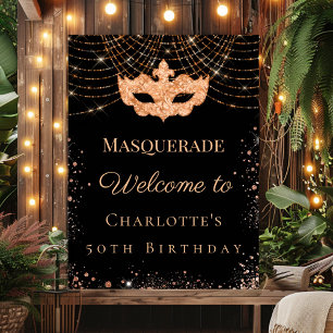 Affiche Fête d'anniversaire masquée en or noir pailleté