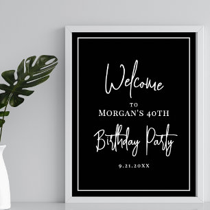Affiche Fête d'anniversaire moderne noir blanc bienvenue