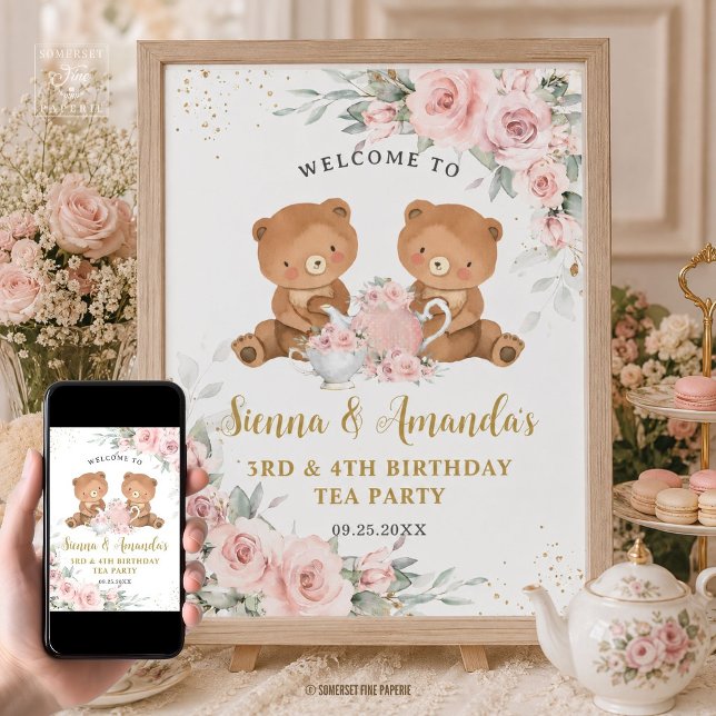 Affiche Fête d'anniversaire ours en peluche floral rose ca (teddy bears tea party blush floral joint birthday welcome sign poster digital download )