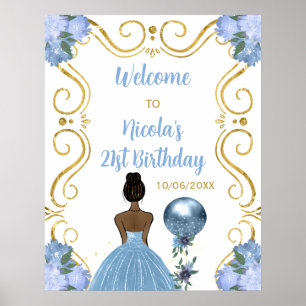 Affiche Fête d'anniversaire Peau noire Princesse Bleue Bie