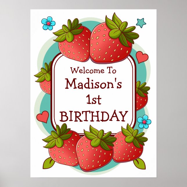 Affiche Fête d'anniversaire personnalisée aux fraises (Devant)