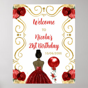 Affiche Fête d'anniversaire Princesse peau noire Rouge Bie
