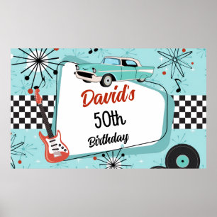 Affiche Fête d'anniversaire rétro rouge et bleu des années
