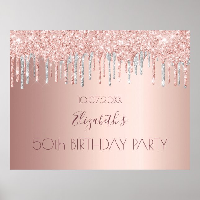 Affiche Fête d'anniversaire rose gold argent paillettes go (Devant)