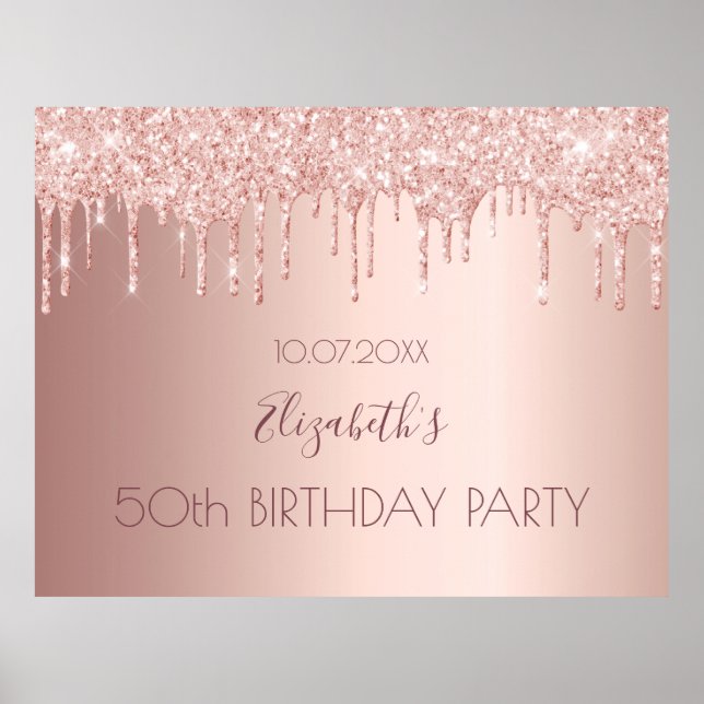 Affiche Fête d'anniversaire rose gouttes de parties scinti (Devant)