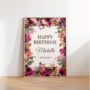 Affiche Fête d'anniversaire rose poudré et bordeaux
