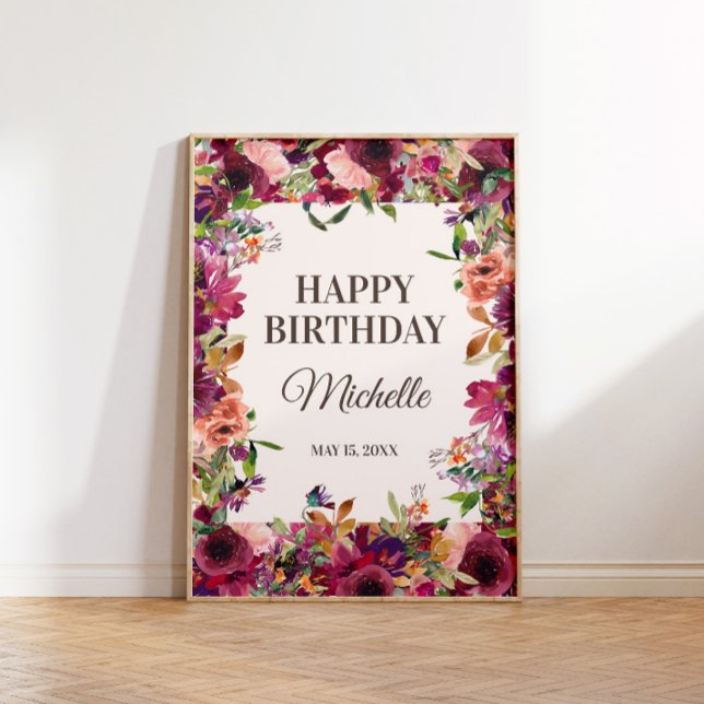 Affiche Fête d'anniversaire rose poudré et bordeaux (Burgundy and pink floral "Happy birthday" poster personalized with your own text.)