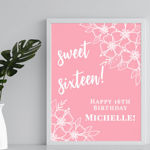 Affiche Fête d'anniversaire rose pour seize ans