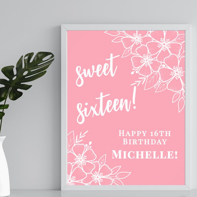Affiche Fête d'anniversaire rose pour seize ans (Sweet Sixteen Pink 16th Birthday Party Poster)