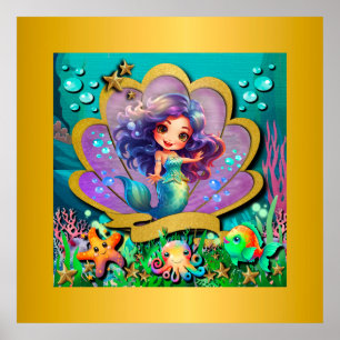 Affiche Fête d'anniversaire sous la mer et fille sirène