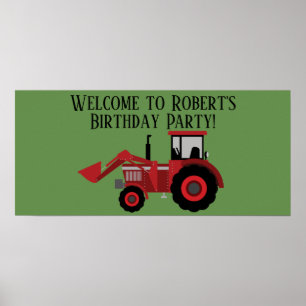 Affiche Fête d'anniversaire verte tracteur rouge personnal
