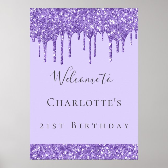 Affiche Fête d'anniversaire violet lavande paillettes nom (Devant)