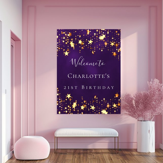 Affiche fête d'anniversaire violet or étoiles bienvenue (Créateur téléchargé)