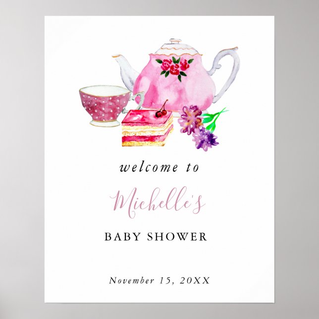 Affiche Fête de Baby Shower Tea Party Rose Aquarelle (Devant)