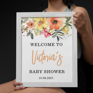 Affiche Fête de bébé Bienvenue Fleurs Aquarelle Orange
