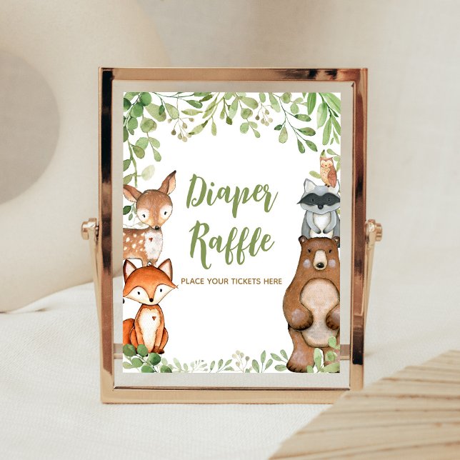 Affiche Fête de Bébé Fforestière Raffle de Couches (Woodland Animals Baby Shower Diaper Raffle SIgn)
