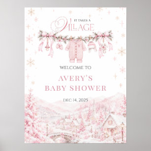 Affiche Fête de bébé fille de Noël rose Il faut un village