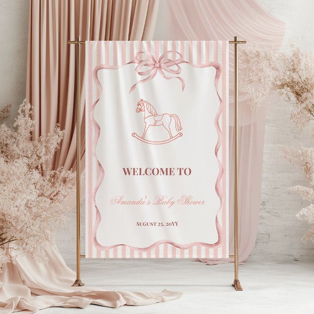 Affiche Fête de Bébé Fille Rose Rétro Cheval à Bascule (Créateur téléchargé)