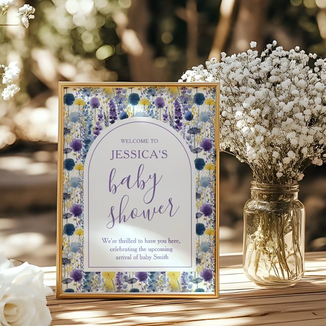Affiche Fête de bébé Fleur Sauvage Aquarelle Jaune Violet (Celebrate your mama-to-be moment in full bloom with this elegant wildflower baby shower sign. )