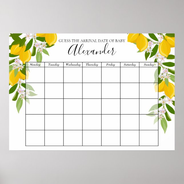 Affiche Fête de Bébé Fleurs de Citron Devinez la Date Prév (Devant)