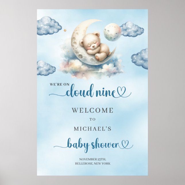 Affiche Fête de bébé garçon nuage neuf aquarelle (Devant)