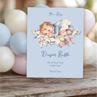 Affiche Fête de bébé garçon vintage bleu clair, tirage au