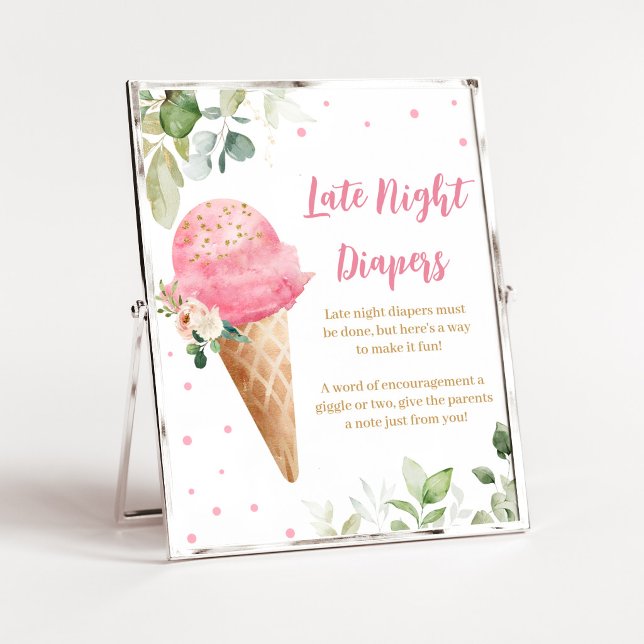 Affiche Fête de bébé glace rose Panneau de couches de nuit (Girl Ice Cream Baby Shower Late Night Diapers Sign)