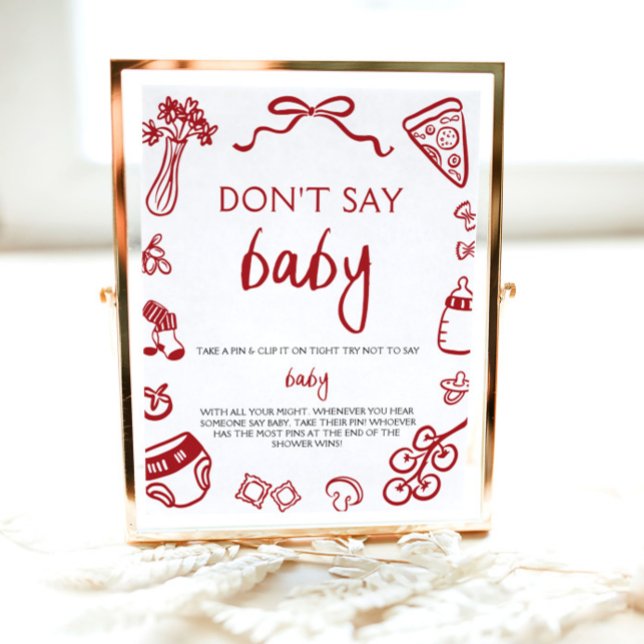 Affiche Fête de Bébé Italienne Dessinée à la Main Ne Dis P (Hand Drawn Italian Baby Dont Say Baby Baby Shower Sign )