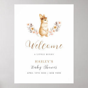 Affiche Fête de bébé Lapin Neutre Fleur Sauvage Bienvenue