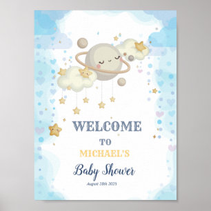Affiche Fête de Bébé Planète Étoiles Nuages Bleus