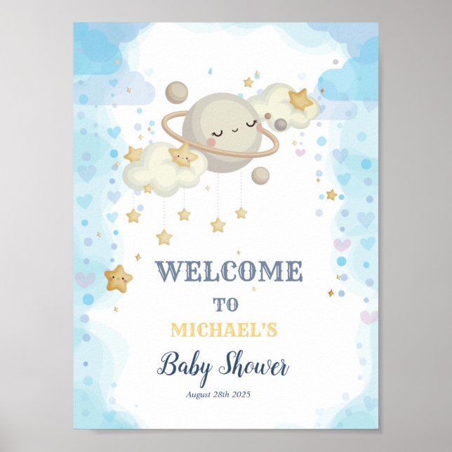 Affiche Fête de Bébé Planète Étoiles Nuages Bleus (Devant)