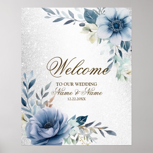 Affiche Fête de Bienvenue Fleurs Aquarelle Bleu Poussiéreu (Devant)