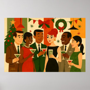 Affiche Fête de cocktail de Noël des années 60 de style Mi