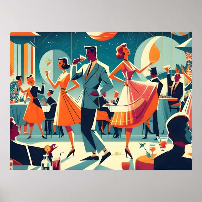 Affiche Fête de Cocktail d'Ère Spatiale Milieu de Siècle (Devant)