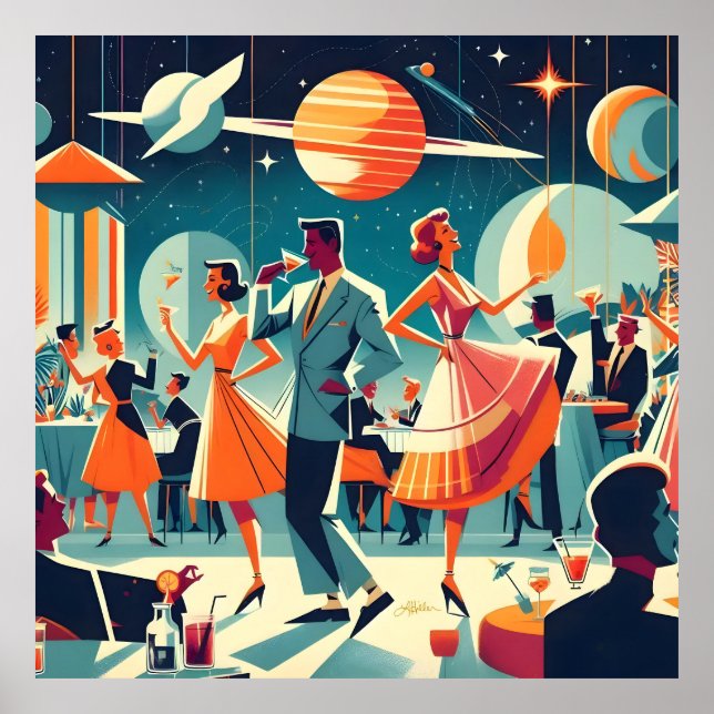 Affiche Fête de Cocktail d'Ère Spatiale Milieu de Siècle (Devant)