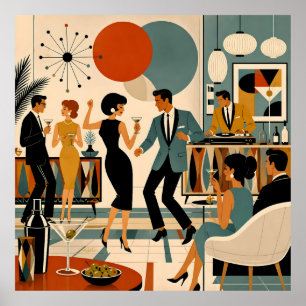 Affiche Fête de danse martini branchée milieu du siècle mo