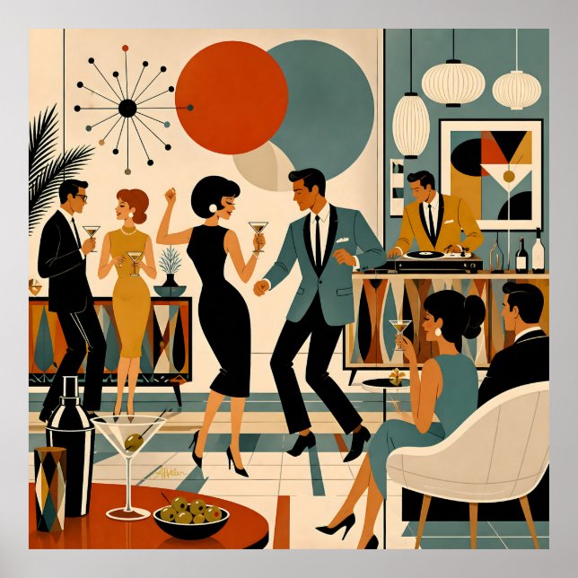 Affiche Fête de danse martini branchée milieu du siècle mo (Devant)