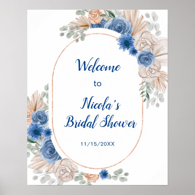 Affiche Fête de douche de mariée Blue Boho Herbe de Pampas (Devant)