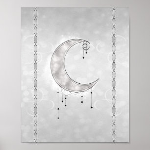 Affiche Fête de fiançailles croissant de lune étoilé blanc
