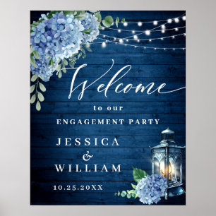 Affiche Fête de fiançailles lanterne hydrangea bleue bois 