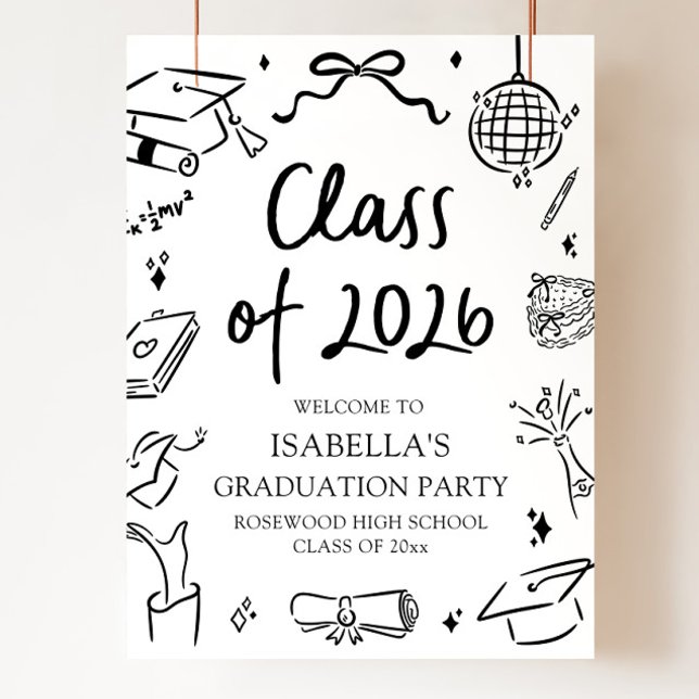 Affiche Fête de fin d'études dessinée à la main pour la pr (Hand Drawn Class of 2026 Graduation Party Welcome Poster)