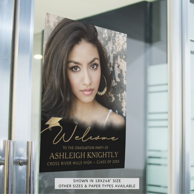 Affiche Fête de graduation Bienvenue Photo Black Gold Scri (Créateur téléchargé)