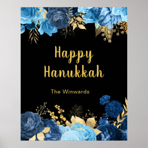 Affiche Fête de Hanukkah aux fleurs bleues et dorées éléga