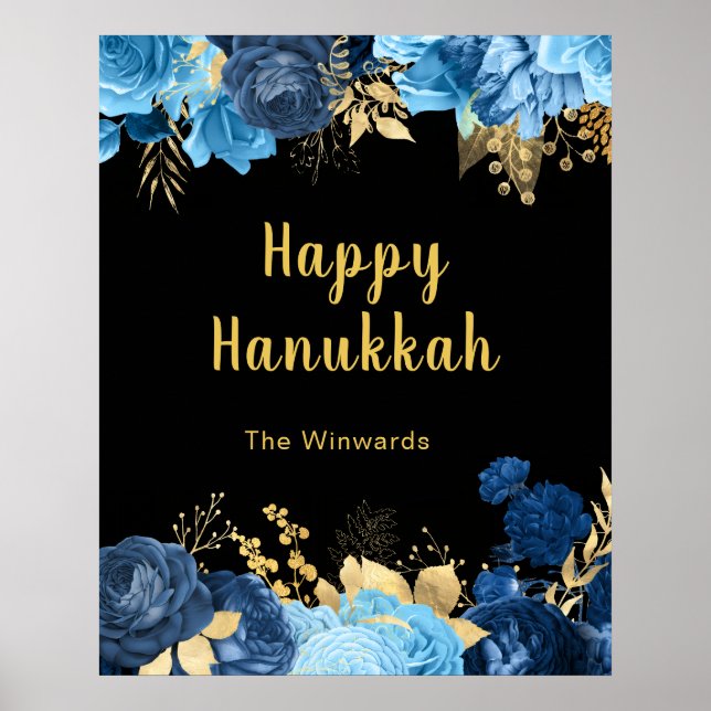 Affiche Fête de Hanukkah aux fleurs bleues et dorées éléga (Devant)