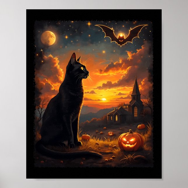 Affiche Fête de la scène gothique de chat noir Halloween (Devant)