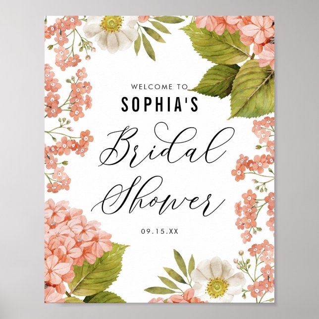 Affiche Fête de mariage aux hydrangeas aquarelle pêche rus (Devant)