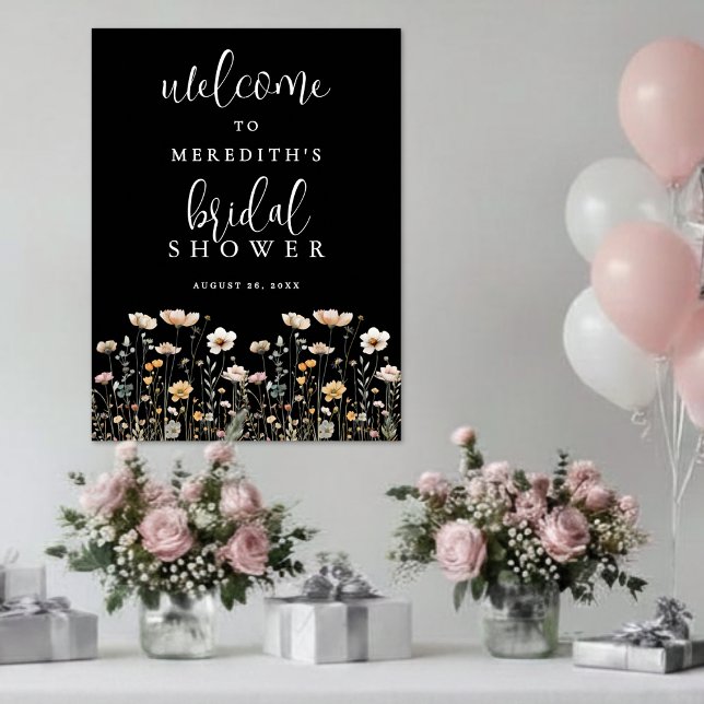 Affiche Fête de mariage Black Wildflower (Black Wildflower Bridal Shower Poster )