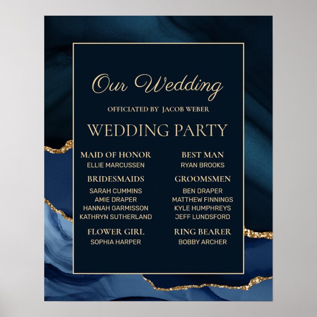 Affiche Fête de mariage bleu marine et or marbré  (Devant)
