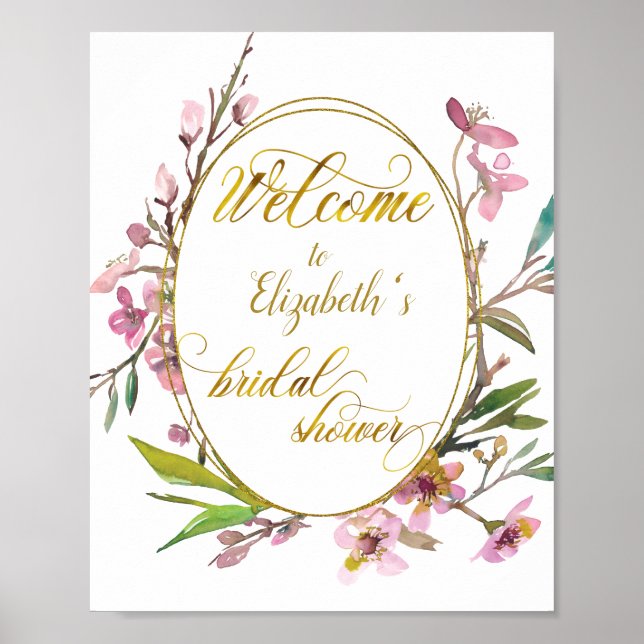 Affiche Fête de Mariage Cerisier à Fleurs Cadre Doré (Devant)