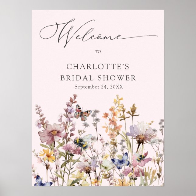 Affiche Fête de mariage champêtre à l'aquarelle rose (Devant)